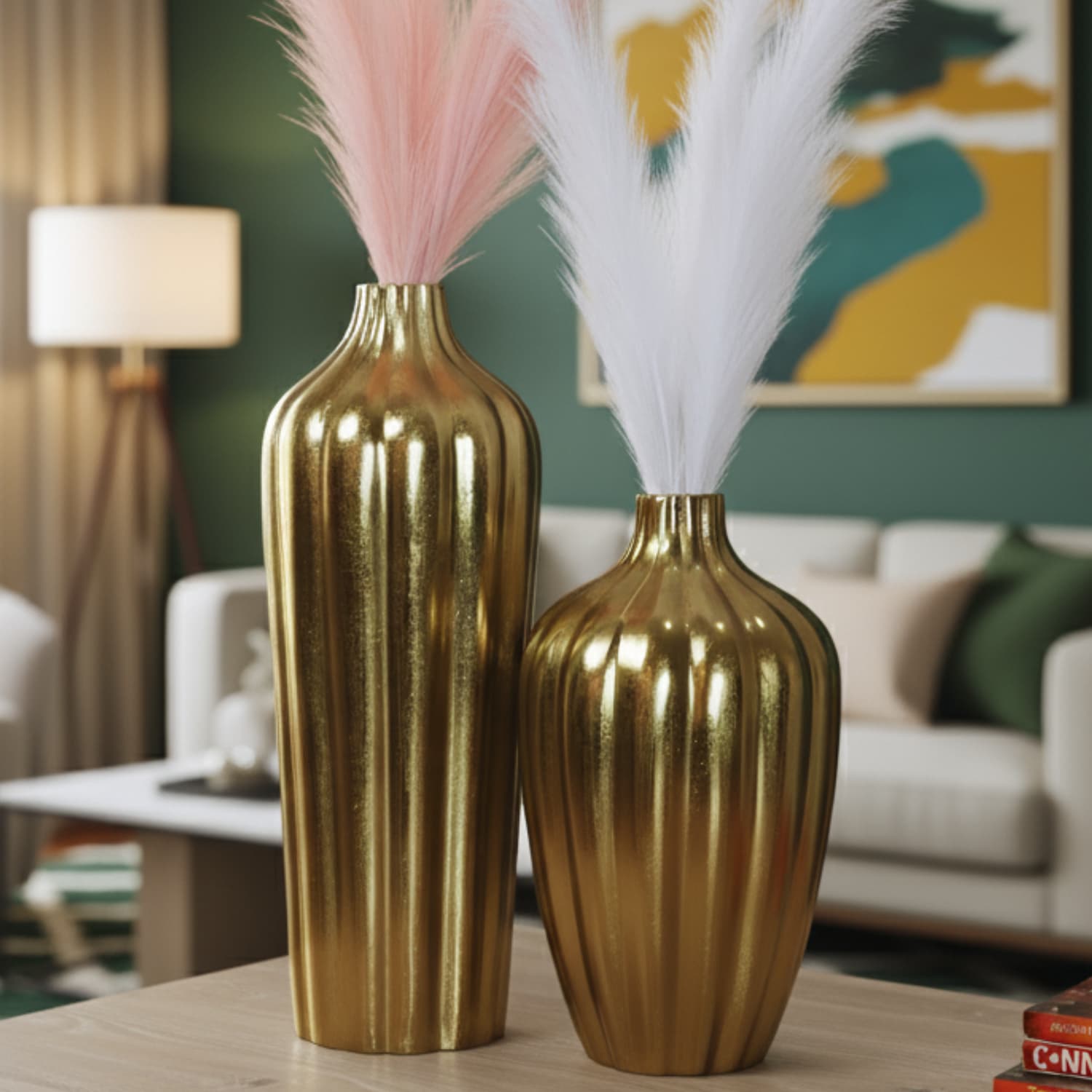 Loosebucket Premium Golden Aurora's Embrace Aluminum Vase with pink and white feathers on a wooden surface