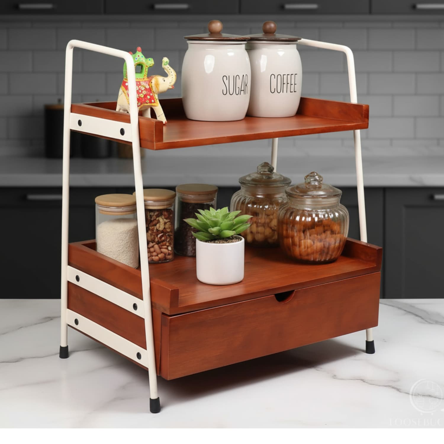 Loosebucket Kitcaddy Wooden kitchen organizer showcasing the kitchen jars and stuffs 