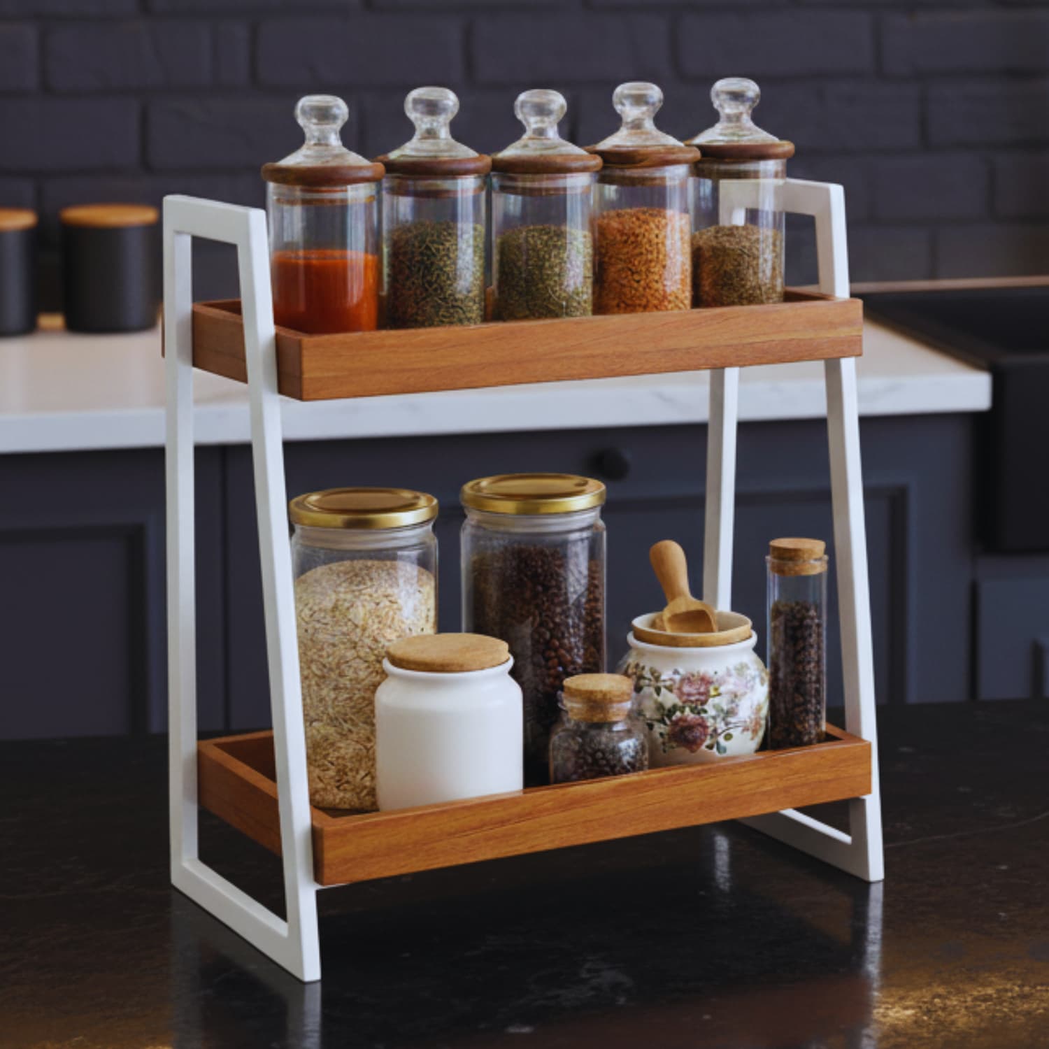 loosebucket Trellis Premium Wooden Kitchen organizer showcasing the jars and other kitchen items
