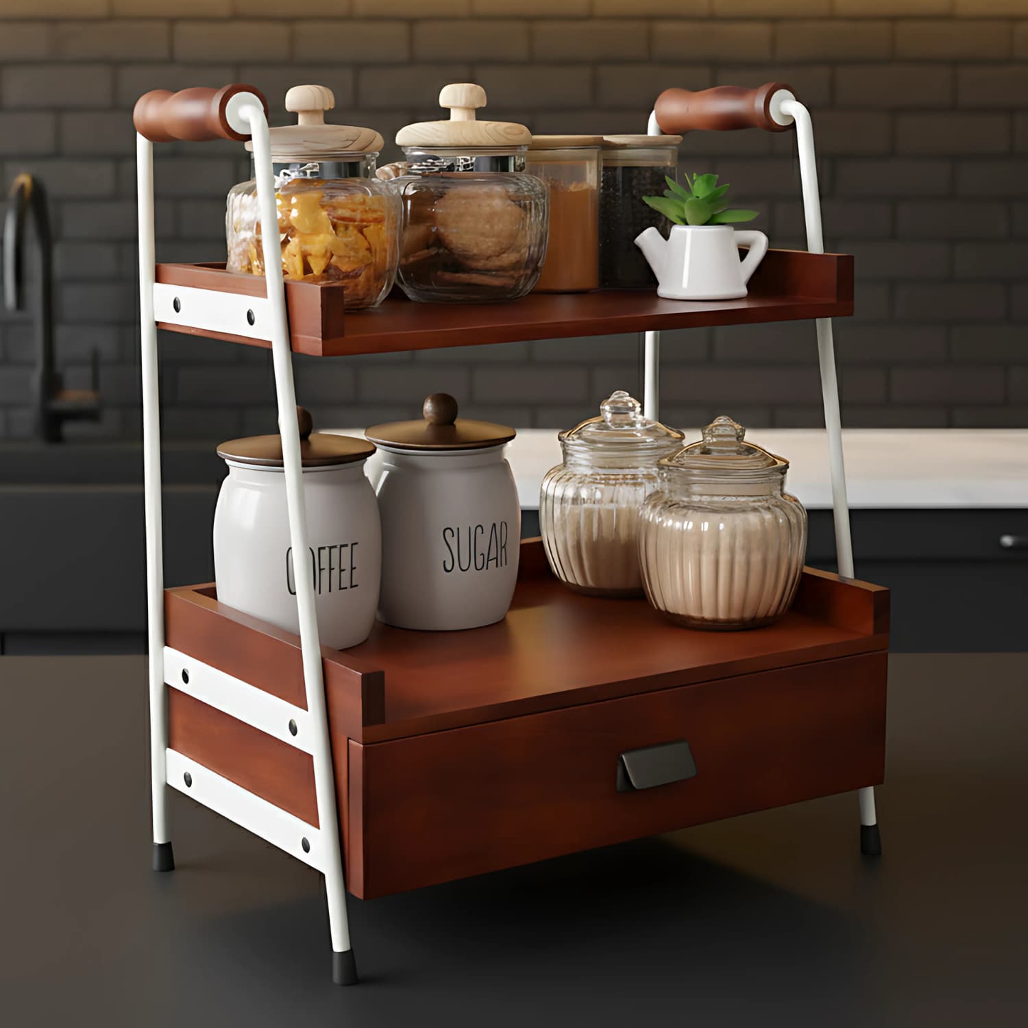 Loosebucket Wooden kitchen rack with  showcasing storage jars and a teapot on a neutral background