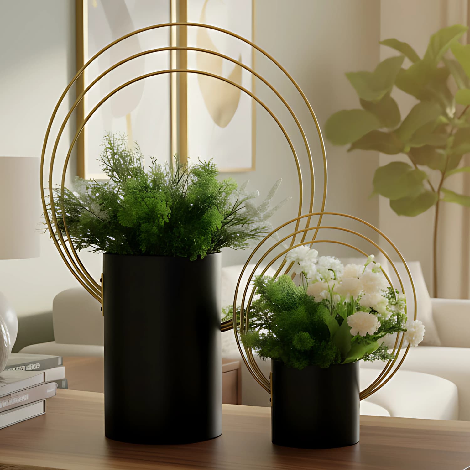 Loosebucket Urban blossom Two black vases with green and white flowers on a table in a living room setting.