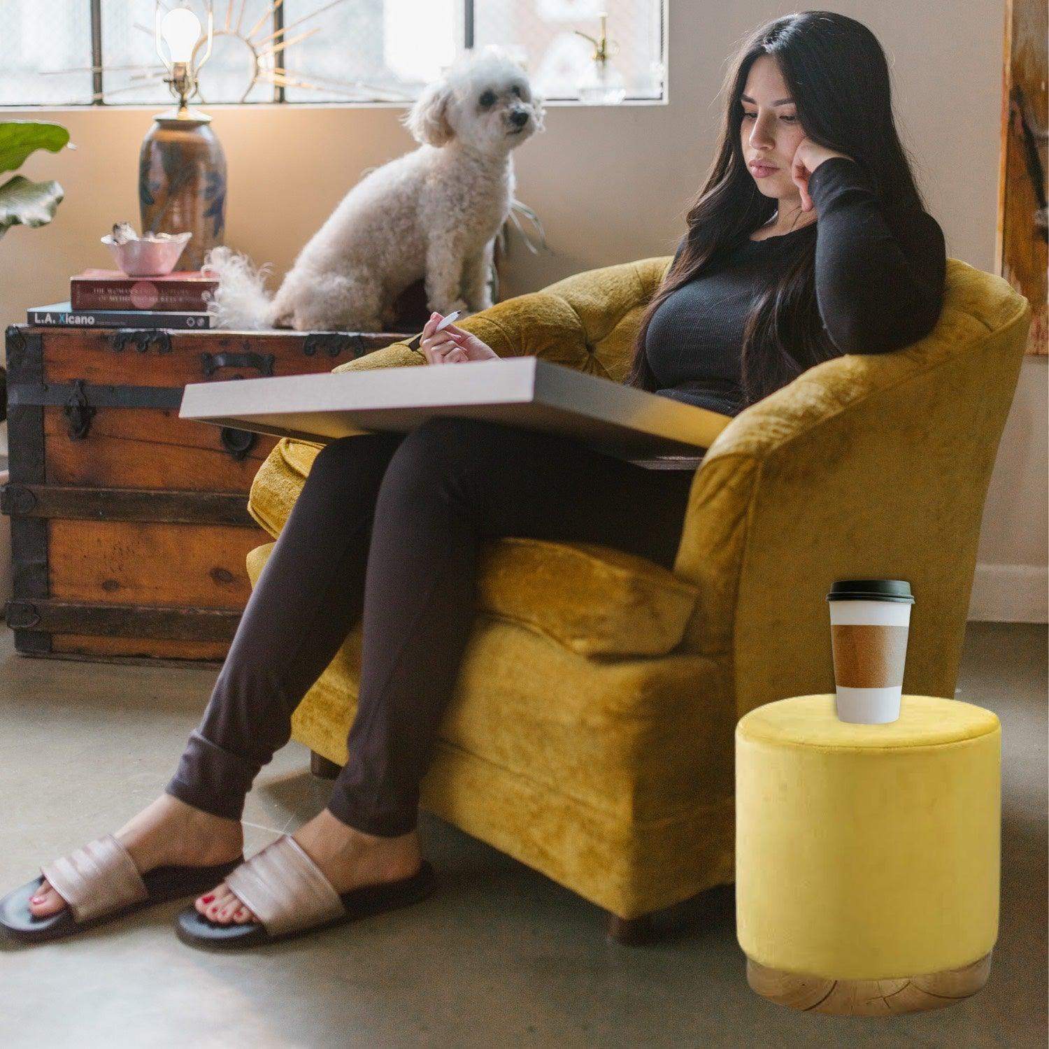 Wooden Yellow Velvet Stool - LOOSEBUCKET
