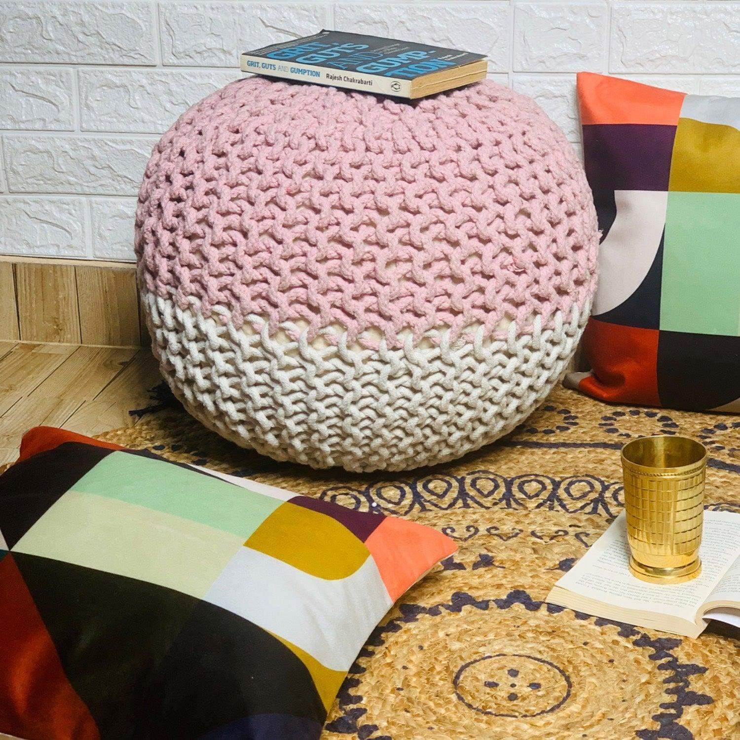 Round  Jute Pouffe (The Pink & White Royal) - LOOSEBUCKET