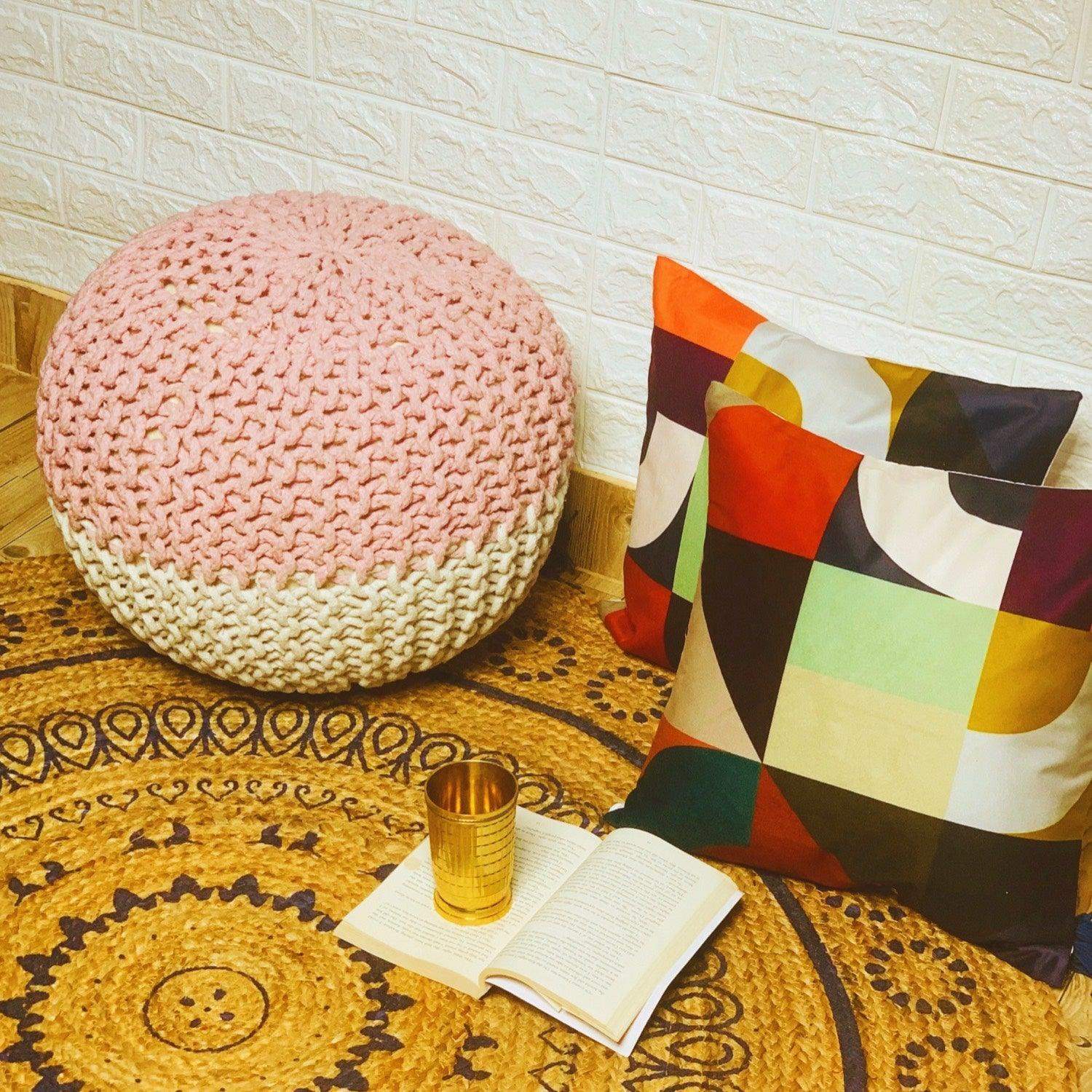 Round  Jute Pouffe (The Pink & White Royal) - LOOSEBUCKET