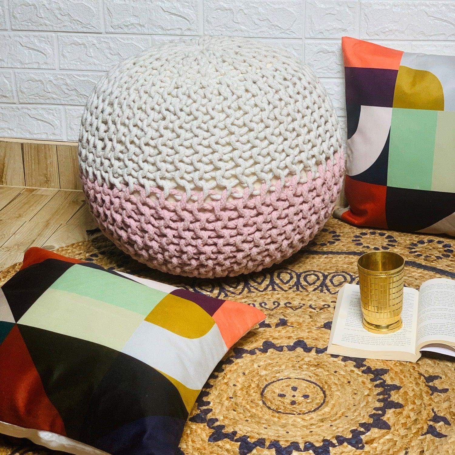 Round  Jute Pouffe (The Pink & White Royal) - LOOSEBUCKET