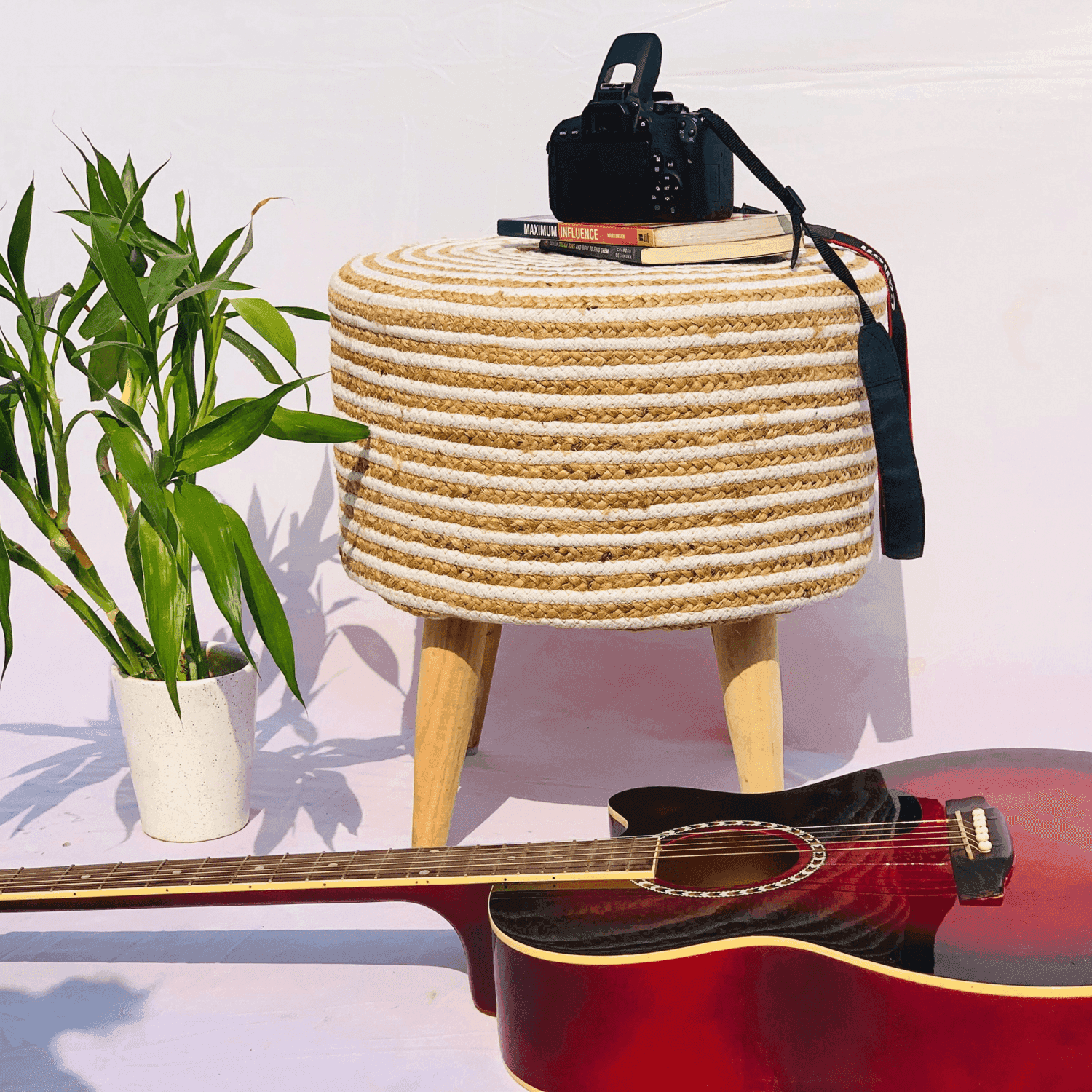 Jute Wooden Pouffe Stool  (White Spiral) - LOOSEBUCKET